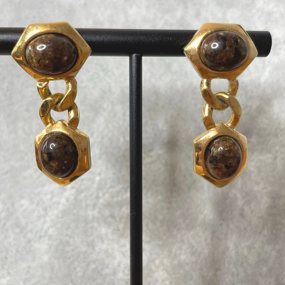 Vintage fashion drop earrings tiger's eye gold chain link